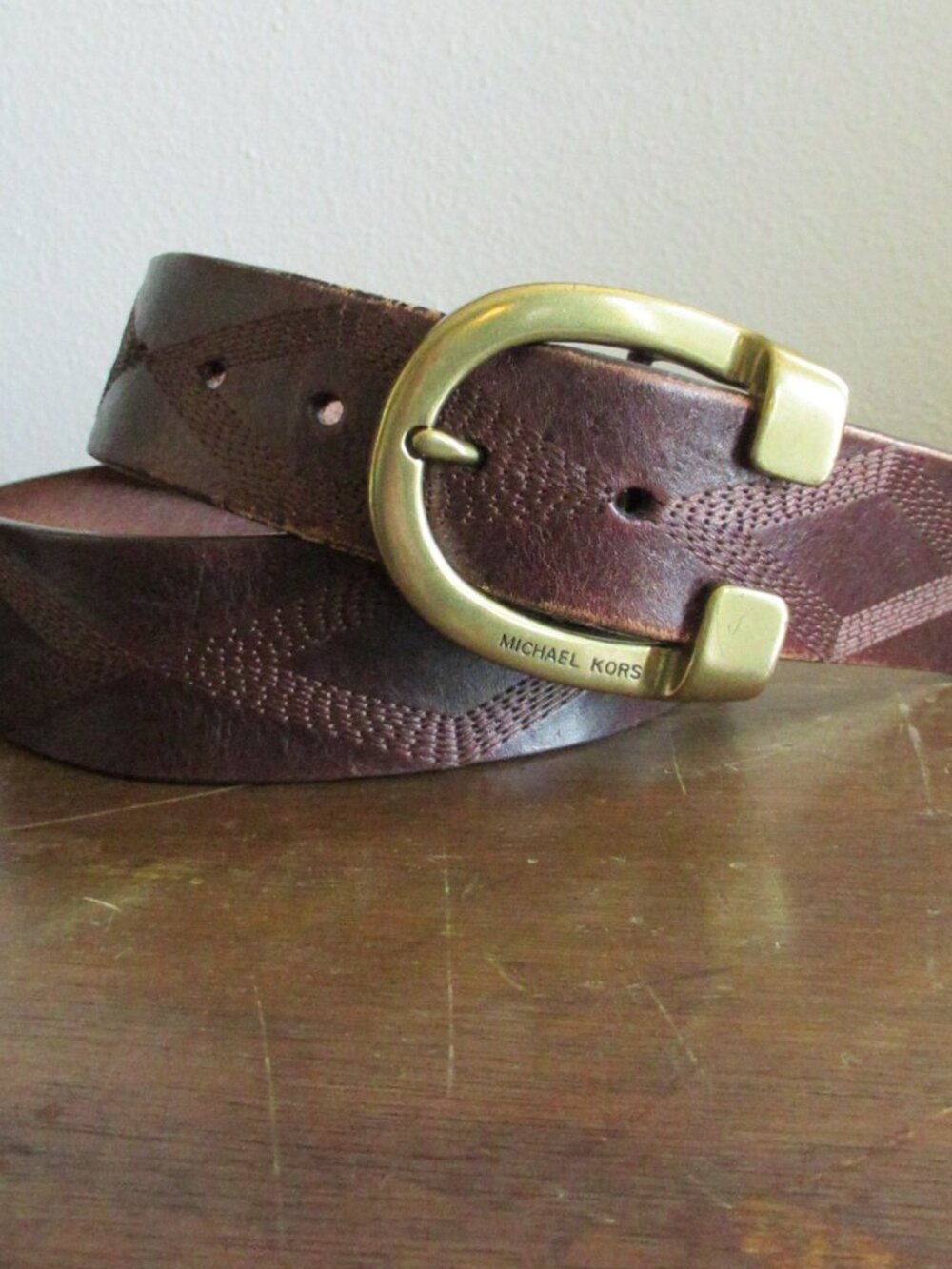 Michael Kors Brown Leather Belt Medium 553630 Brass Buckle 32–36"